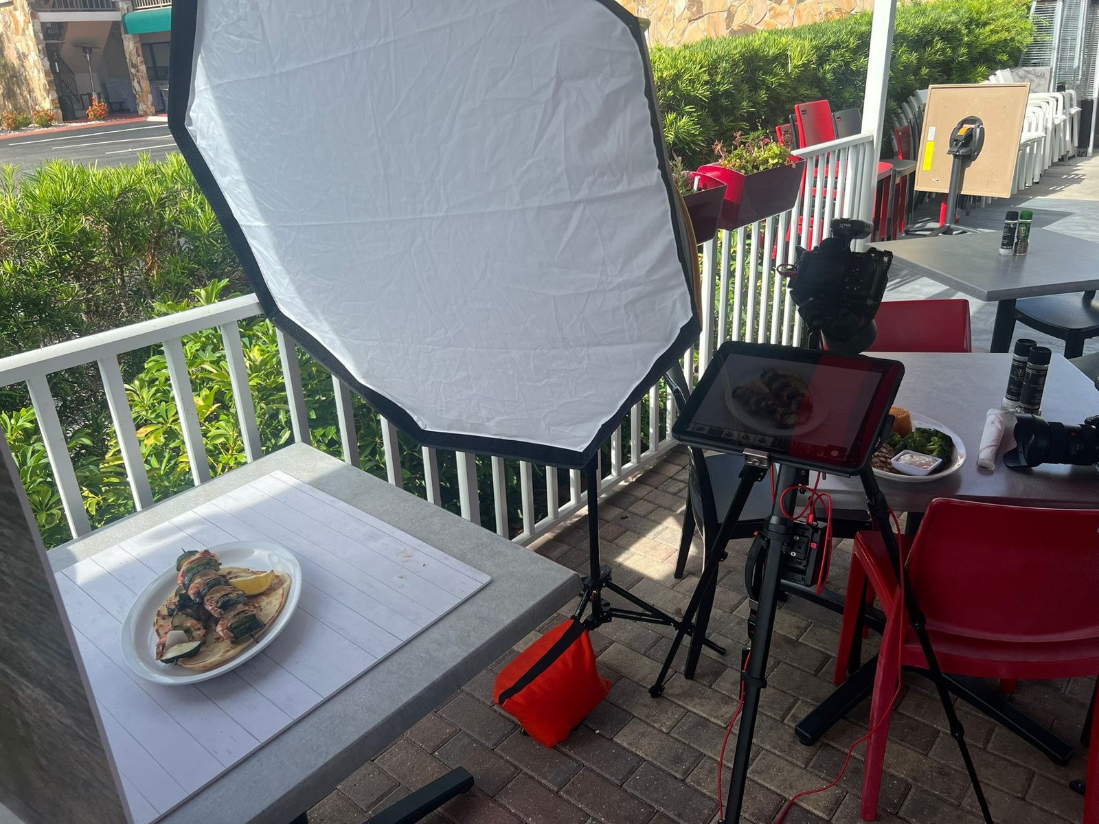 Octopus dish lit with an octabox on a restaurant patio